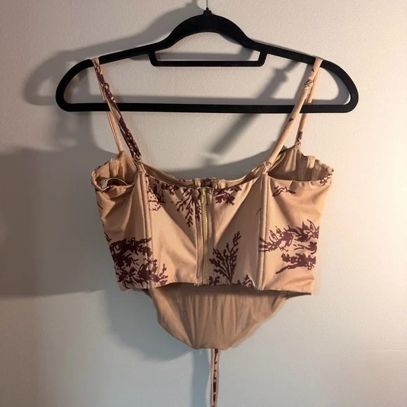 Tic Toc Corset Style Lace-Up Bustier Top Beige & Brown Print - Picture 3 of 4